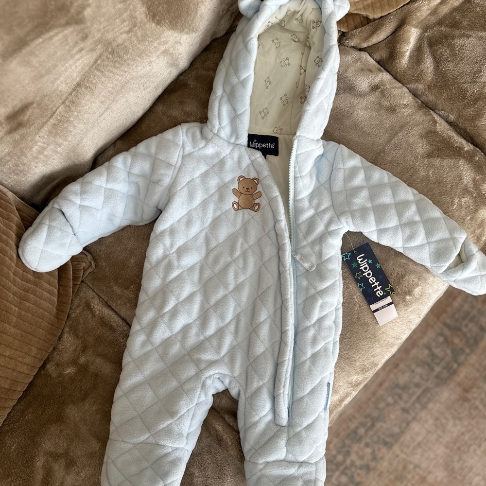 Wippette Light Blue Quilted Baby One-Piece with Teddy Hood